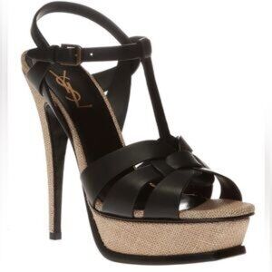 YSL SAINT LAURENT TRIBUTE LINEN AND BLACK LEATHER SANDAL HEEL SIZE 37